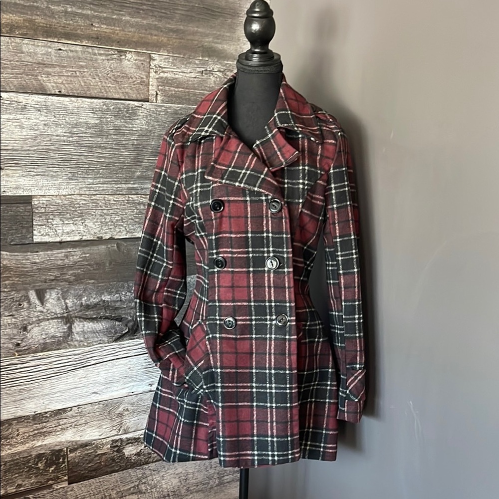 Urban Republic Red and Black Pea Coat with Plaid Pattern